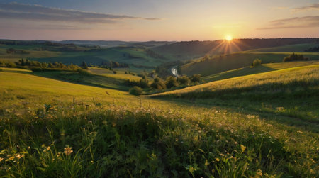 Beautiful summer landscape. Sunrise over the green field and forest.