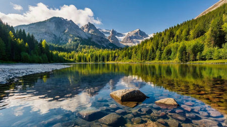 Mountain lake in the Dolomites, Italy. Reflection in the waterの写真素材