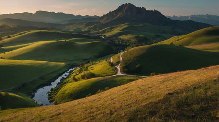 Rural landscape in the morning light. Beautiful meadows and hills.