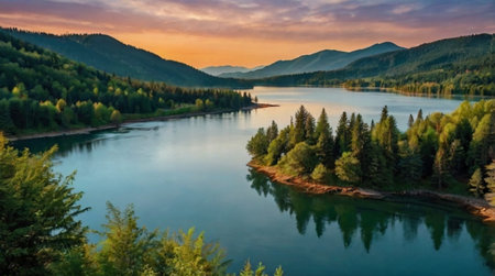 Sunset on the bank of the Katun river in the Altai Republic.