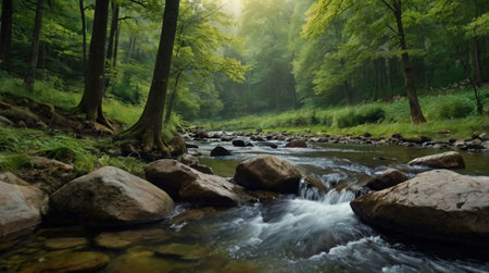 Stream in the green forest. Nature composition. Panoramic view.