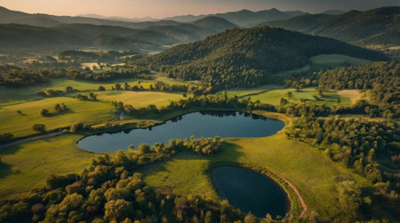 Aerial view of green hills and lake in the morning light.