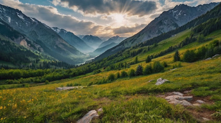 Sunset in the mountains. Beautiful summer landscape. Caucasus, Russia.