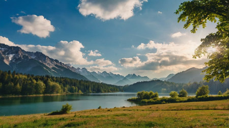 panoramic view of alpine lake and mountains in bavaria