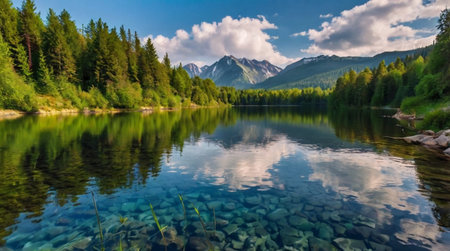 Panoramic view of mountain lake with reflection in water and clouds