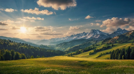 Panoramic view of beautiful alpine meadow and snow-capped mountains.