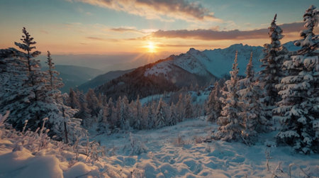 Majestic sunset in the winter mountains landscape. Dramatic wintry scene. Carpathian, Ukraine, Europe. Beauty world.の写真素材