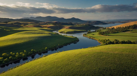 Aerial view of the river and hills in Tuscany, Italy