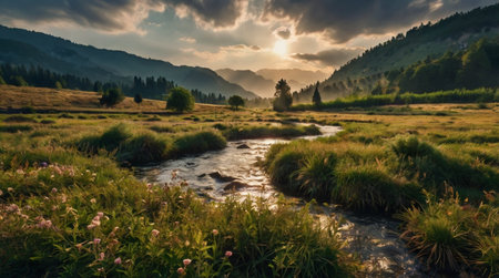 Mountain river in the Carpathian mountains at sunset, Ukraineの写真素材