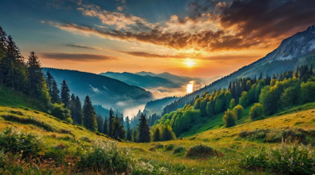 Fantastic sunset in the mountains. Dramatic scene. Carpathian, Ukraine, Europe. Beauty world.