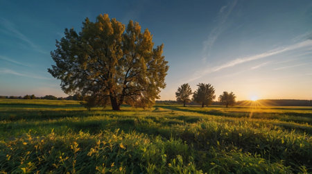 Sunset over a meadow with trees in the foreground