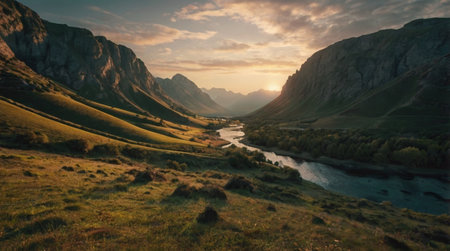 Mountain landscape with a river in the foreground at sunset. Panoramic view