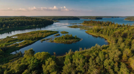Aerial view of the river and forest. Beautiful summer landscape.