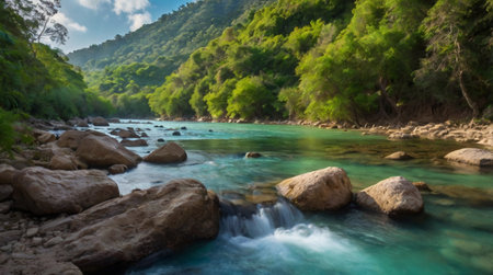 Panoramic view of turquoise river and green forest in sunny day