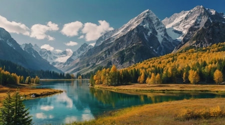 Beautiful autumn alpine landscape with mountain lake and snow-capped mountains