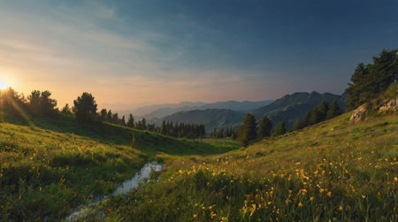 mountain meadow at sunset. Carpathian mountains, Ukraine