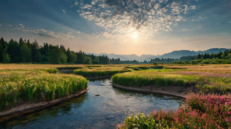 Beautiful summer landscape with a small river in the mountains at sunsetの写真素材
