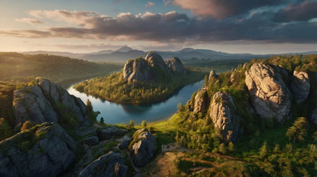 Aerial view of the beautiful mountain landscape at sunrise. 3d renderingの写真素材