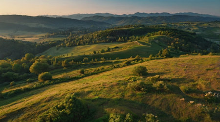 Aerial view of sunset over green meadow and mountains in background