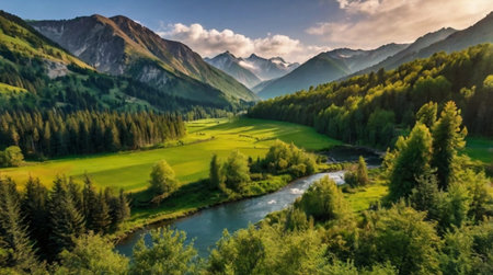 Panoramic view of alpine meadows and river at sunsetの写真素材