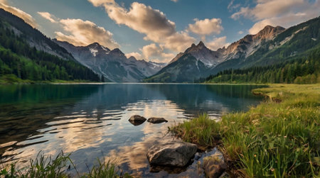 Panoramic view of the lake in the Dolomites, Italy