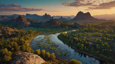 Panoramic view of the valley with mountains and river at sunset