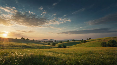 Beautiful sunset over a green meadow with wildflowers.