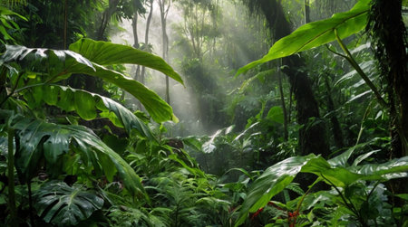 Beautiful tropical rainforest with sunbeams and fog in Costa Rica