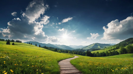 wooden path on the meadow and blue sky with white clouds