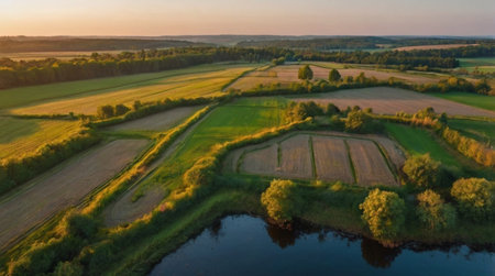 Aerial view of agricultural fields and meadows at sunset in summer.