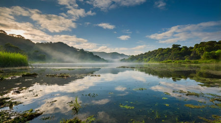 Landscape of misty morning on the lake in the morning.