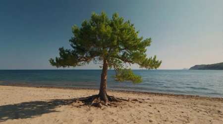 Pine tree on a sandy beach in Montenegro. Panorama