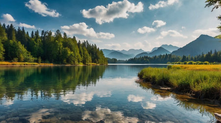 panoramic view of alpine lake and mountains in the background