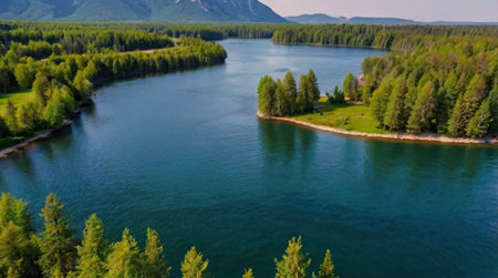 Aerial view of the lake and forest in summer. View from above.