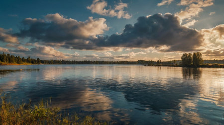 Panoramic view of the lake and forest in the evening.