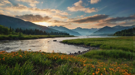 Mountain landscape with river and clouds at sunset