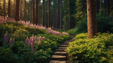 Pathway in the forest at sunset. Beautiful summer landscape with trees and flowers.