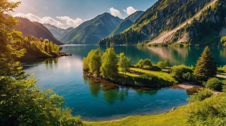 panoramic view of alpine lake and forest. beautiful summer landscape.