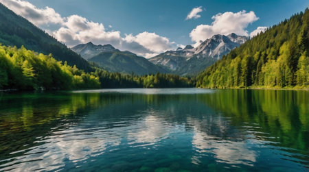 panoramic view of alpine lake with reflection of mountains in water