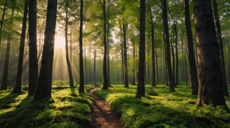 Morning in the green forest with sunbeams shining through the trees
