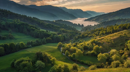 Aerial view of beautiful landscape with meadows and forests at sunset