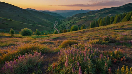 Sunset in the Carpathian Mountains. Beautiful summer landscape.