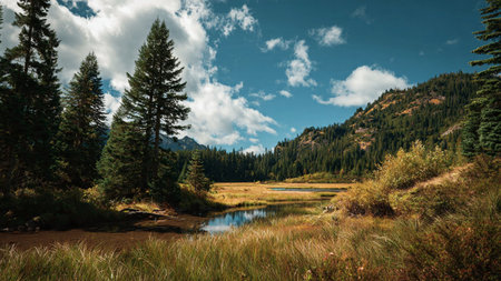 Autumn landscape with mountain lake and pine trees in the mountains.