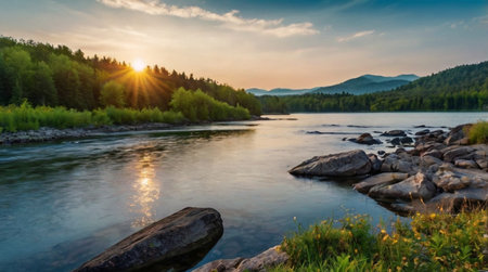 Sunset over the mountain river. Beautiful summer landscape. Landscape.