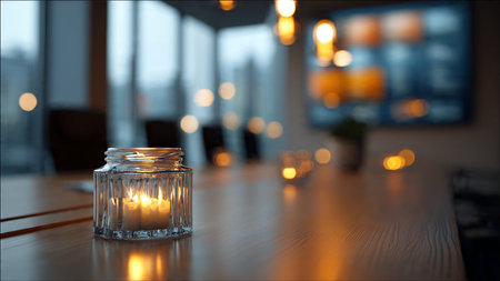 Candle in a glass jar on a wooden table in a hotel room