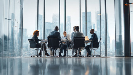Group of diverse business people having a meeting in a modern office building
