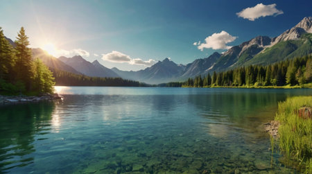 Beautiful mountain lake with clear water and high mountains in the background