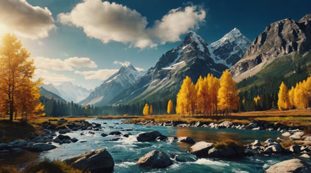 Colorful autumn landscape with mountain river and yellow larch forest.