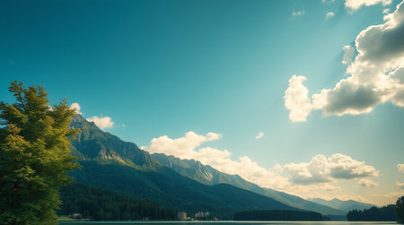 Mountain landscape with lake and forest. Panoramic view.