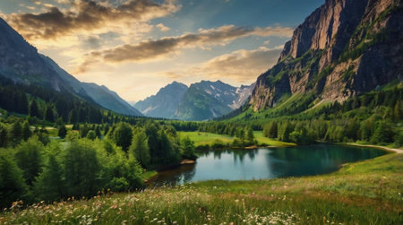 Panoramic view of the lake in the Dolomites, Italy